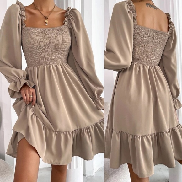 Shirred bust square neck long sleeve mini dress ruffle boho gypsy black - Picture 10 of 11